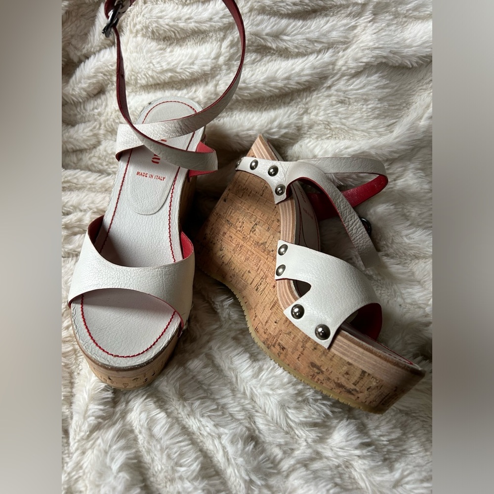 Miu Miu Nude cream Leather Cork Wedge Sandal Size 38 1/2 Italian Made $695 LUX